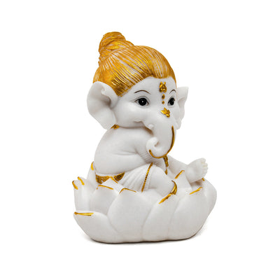 Ganesha On Lotus Polyresin Showpiece (White & Gold)