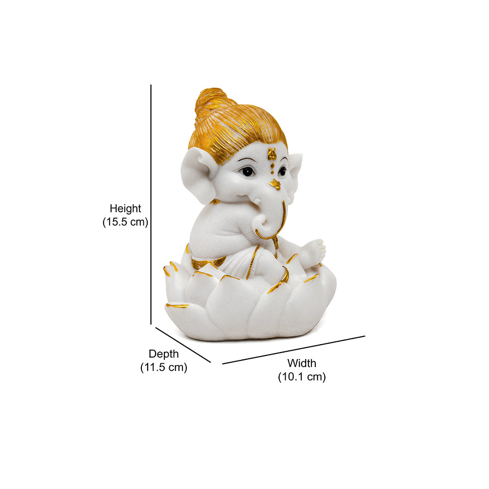 Ganesha On Lotus Polyresin Showpiece (White & Gold)