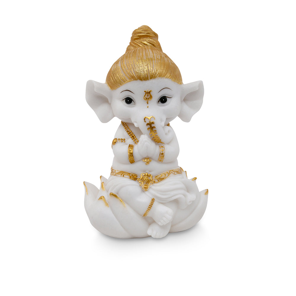 Ganesha On Lotus Decorative Polyresin Showpiece (White & Gold)