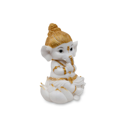 Ganesha On Lotus Decorative Polyresin Showpiece (White & Gold)