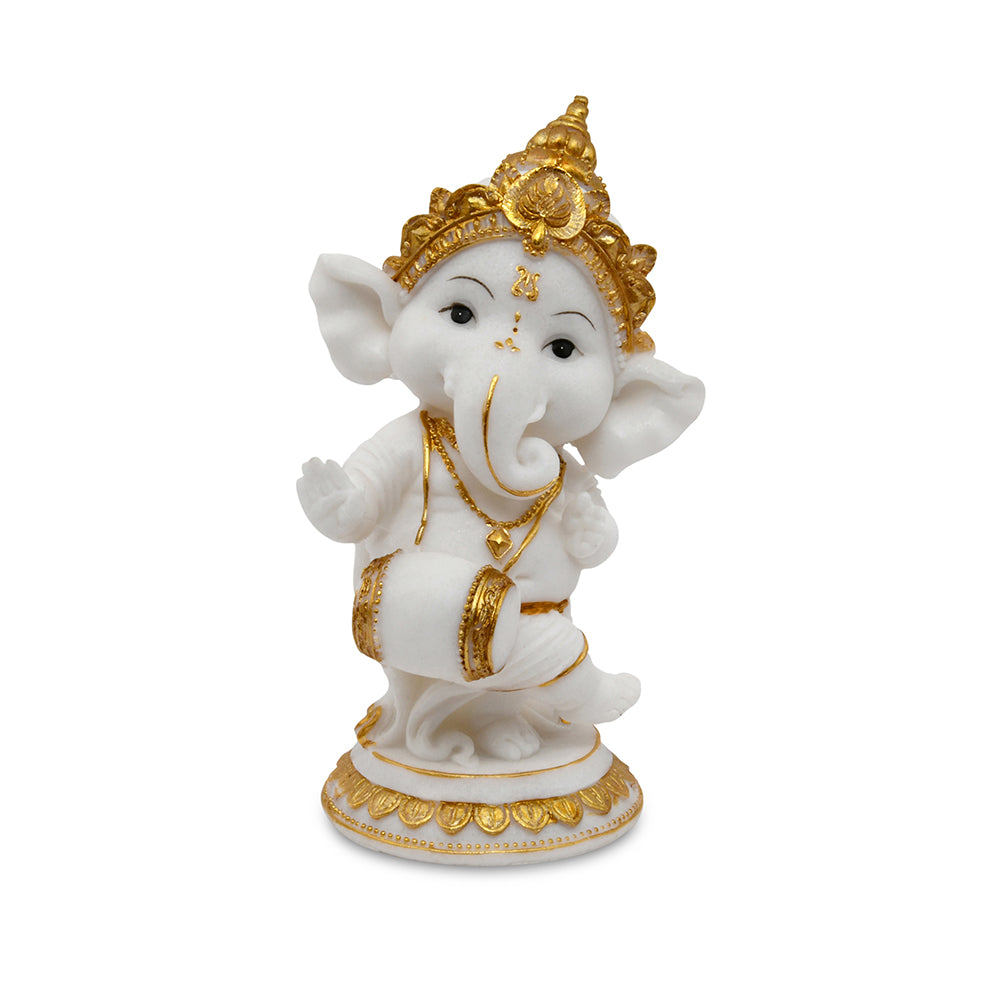 Ganesha Playing Dholak Polyresin Showpiece (White & Gold)