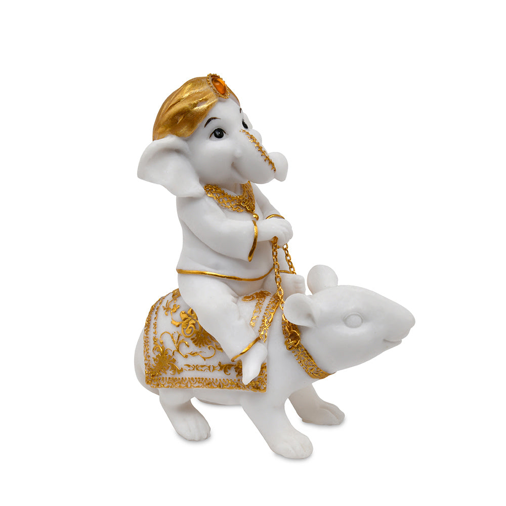 Ganesha On Mouse Polyresin Showpiece (White & Gold)