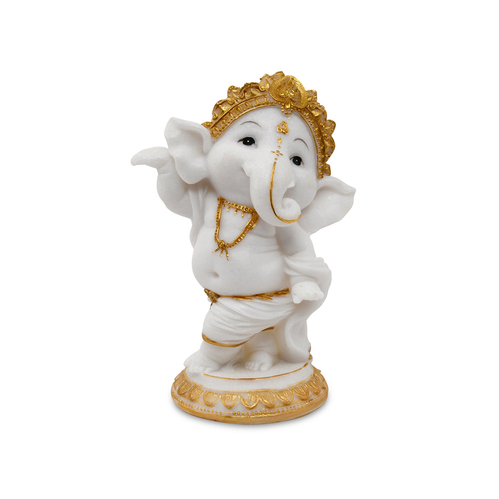 Ganesha Dancing Decorative Polyresin Showpiece (White & Gold)