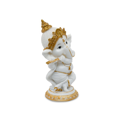 Ganesha Playing Flute Polyresin Showpiece (White & Gold)