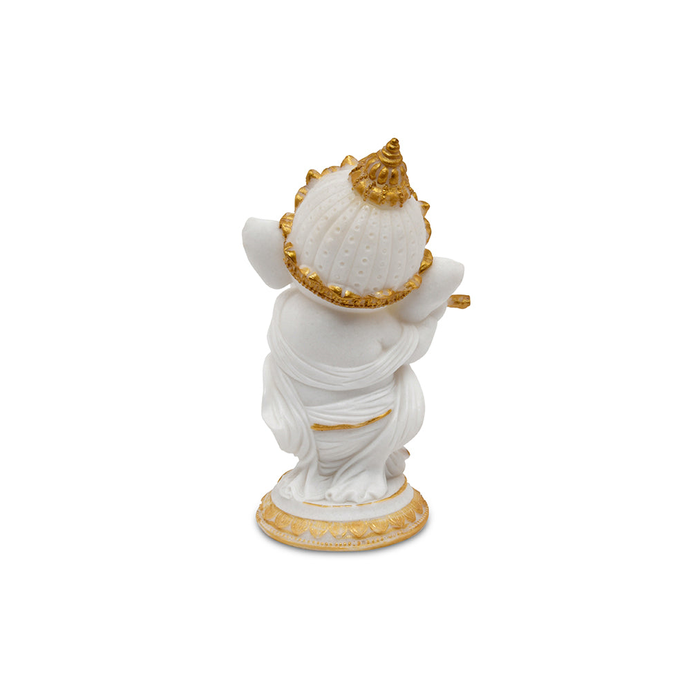 Ganesha Playing Flute Polyresin Showpiece (White & Gold)