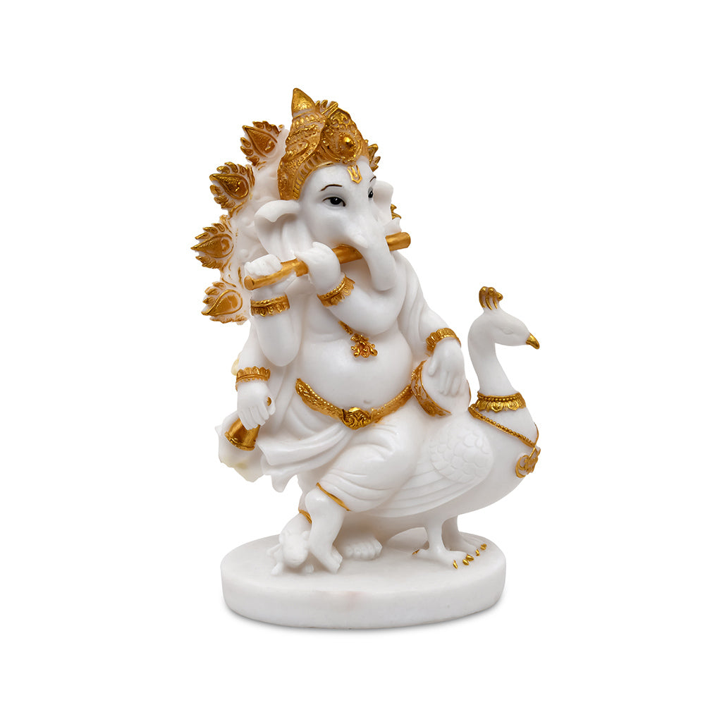 Ganesha On Peocock Polyresin Showpiece (White & Gold)