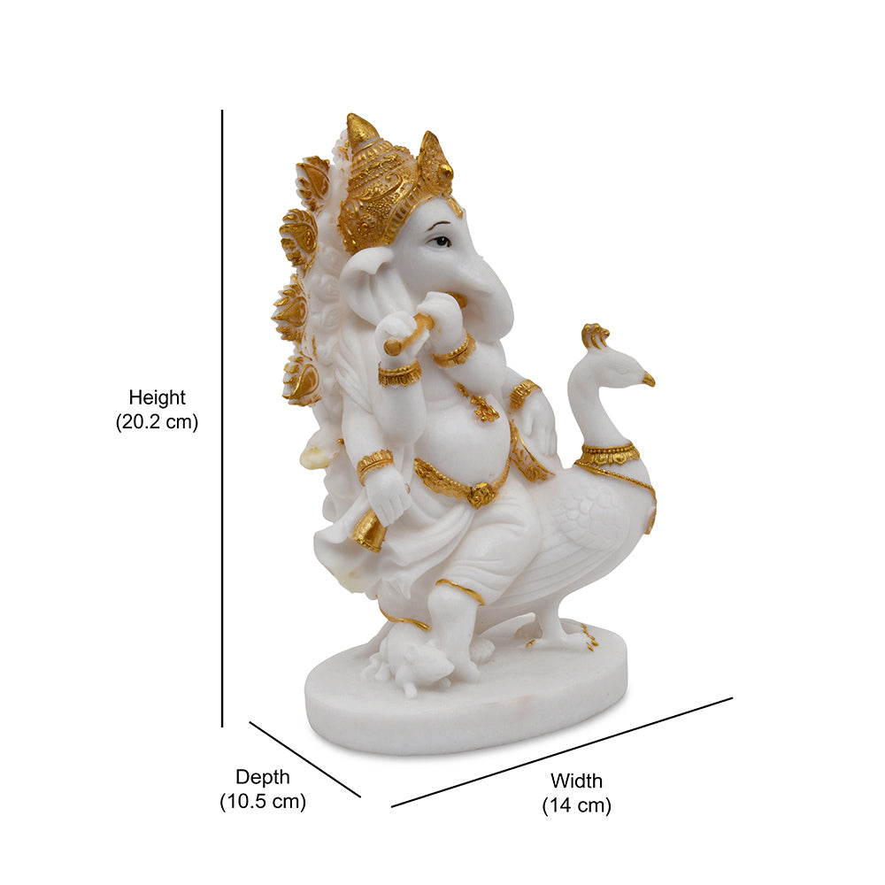 Ganesha On Peocock Polyresin Showpiece (White & Gold)