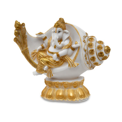 Ganesha On Shankh Polyresin Showpiece (White & Gold)