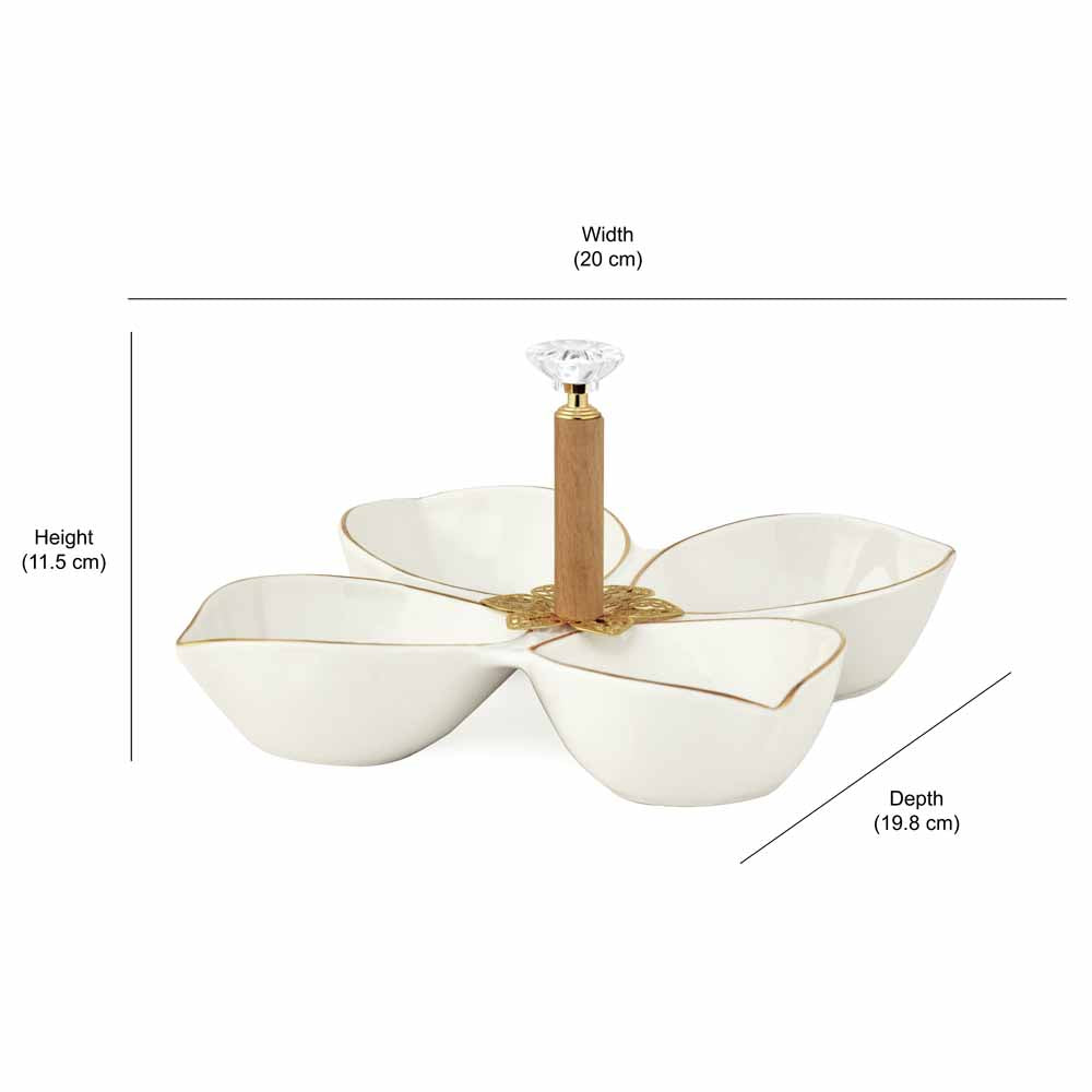 4 Compartments Dry Fruits & Snacks Ceramic Serving Platter 20 cm (White)