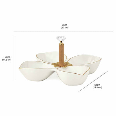 4 Compartments Dry Fruits & Snacks Ceramic Serving Platter 20 cm (White)