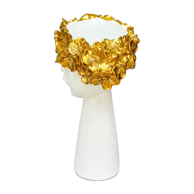 Floral Lady Face Decorative Polyresin Showpiece (White & Gold)