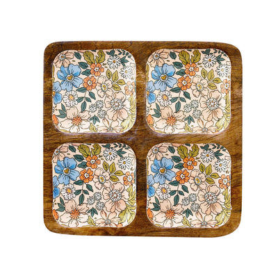 Four Partition Wooden Square Shape Serving Platter (Multicolor)