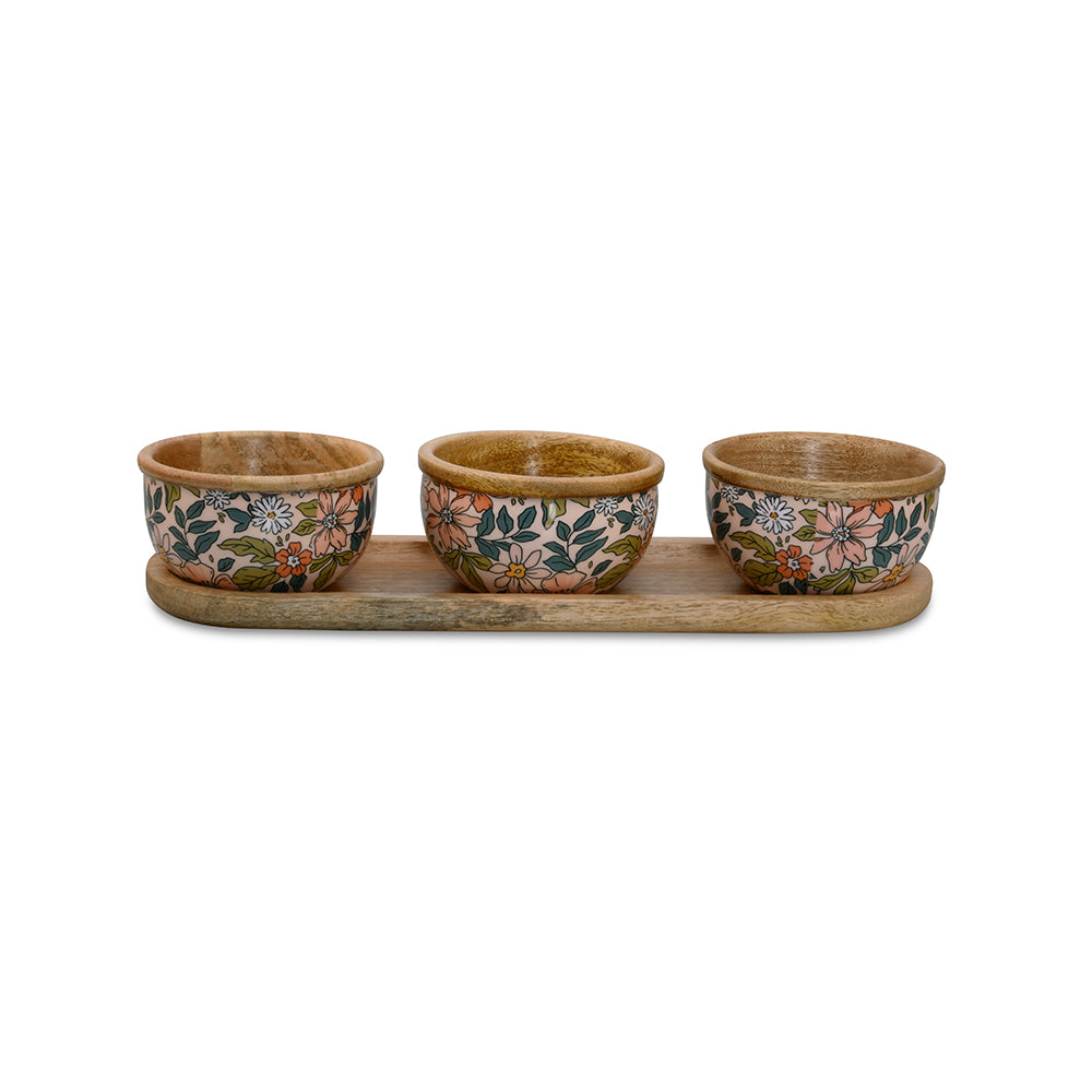 Wooden Serving Platter with 3 Bowls (Multicolor)