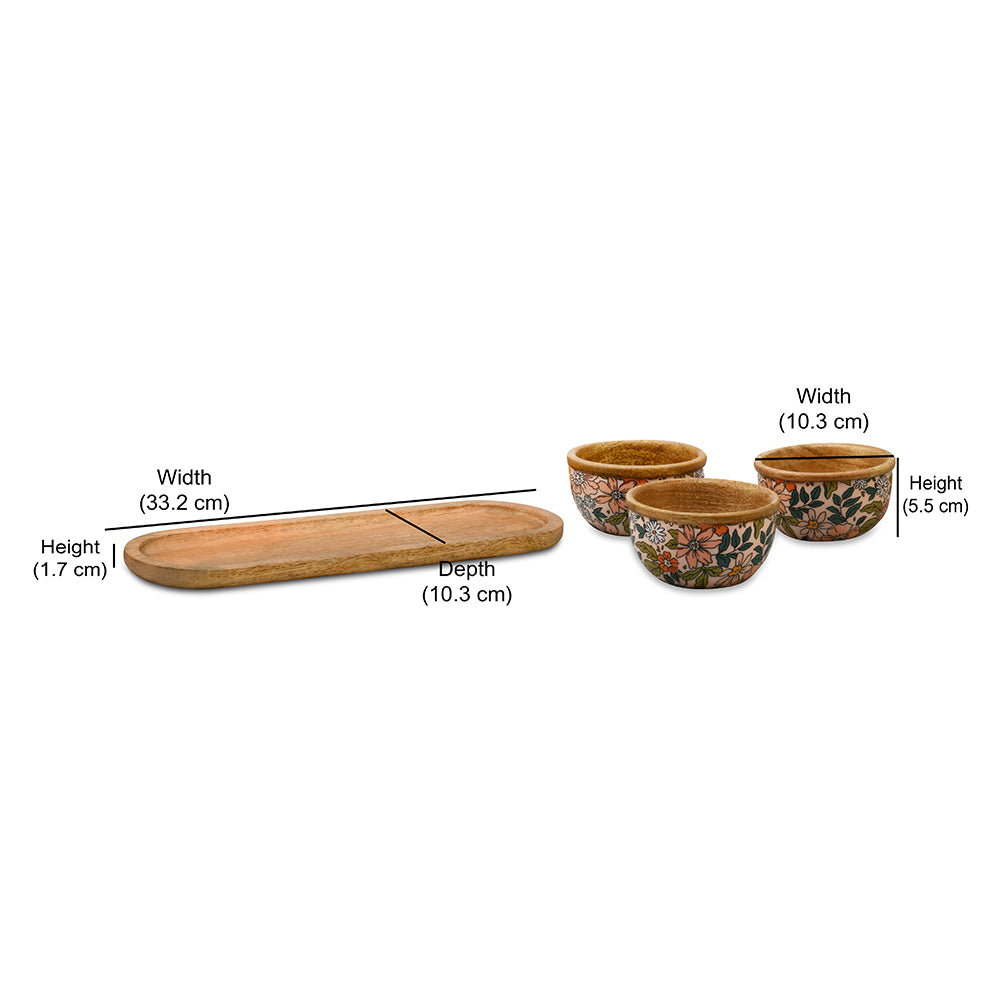 Wooden Serving Platter with 3 Bowls (Multicolor)