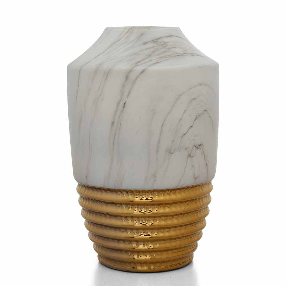 Decorative Bullet Shaped Ceramic Vase (White & Gold)