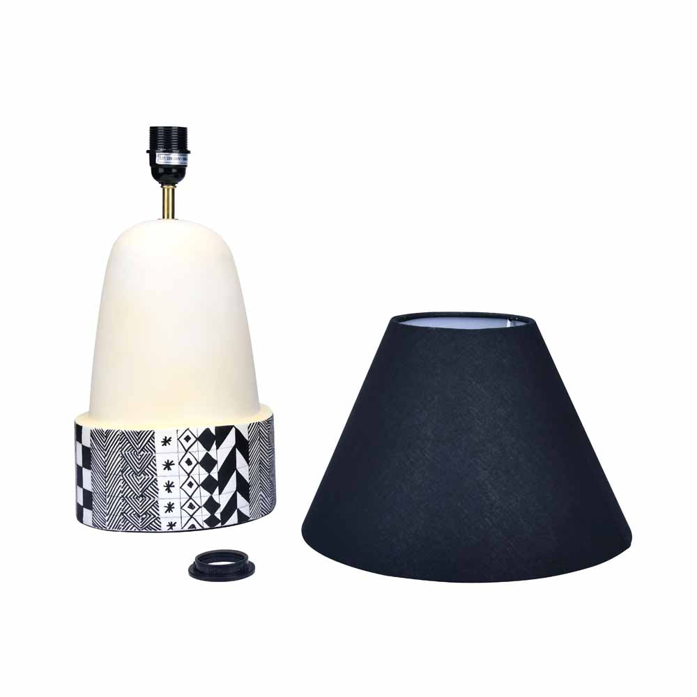 Tribal Fabric Shade Paper Mache & Metal Base Table Lamp (Light Yellow & Black)
