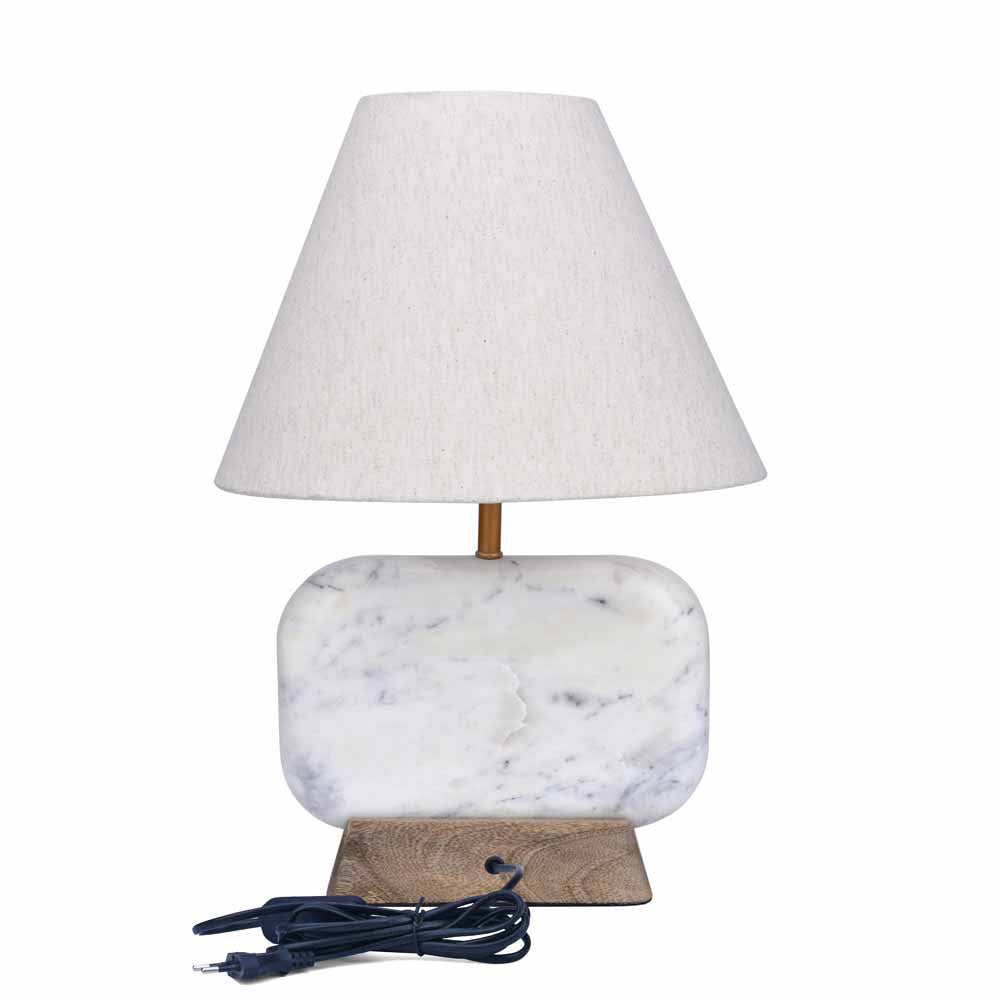 Decorative Fabric Shade Marble & Wooden Base Table Lamp 43.5 cm (Brown & White)