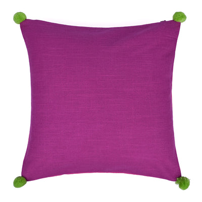 Solid Cotton 16" x 16" Two Sided Pom Pom Cushion Cover (Purple & Pink)