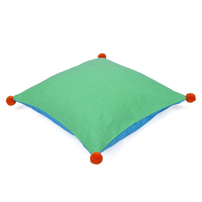 Solid Cotton 16" x 16" Two Sided Pom Pom Cushion Cover (Blue & Green)