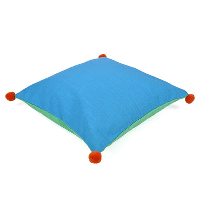 Solid Cotton 16" x 16" Two Sided Pom Pom Cushion Cover (Blue & Green)