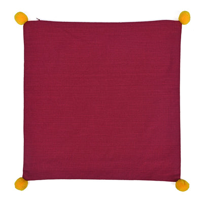Solid Cotton 16" x 16" Two Sided Pom Pom Cushion Cover (Maroon & Red)