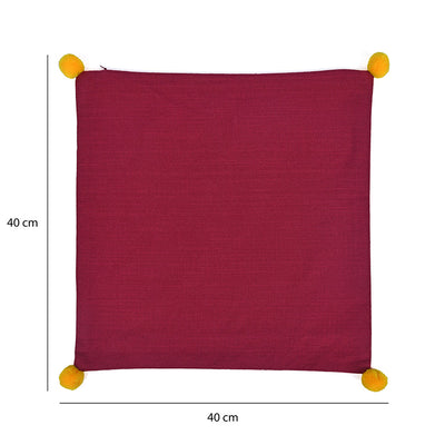 Solid Cotton 16" x 16" Two Sided Pom Pom Cushion Cover (Maroon & Red)