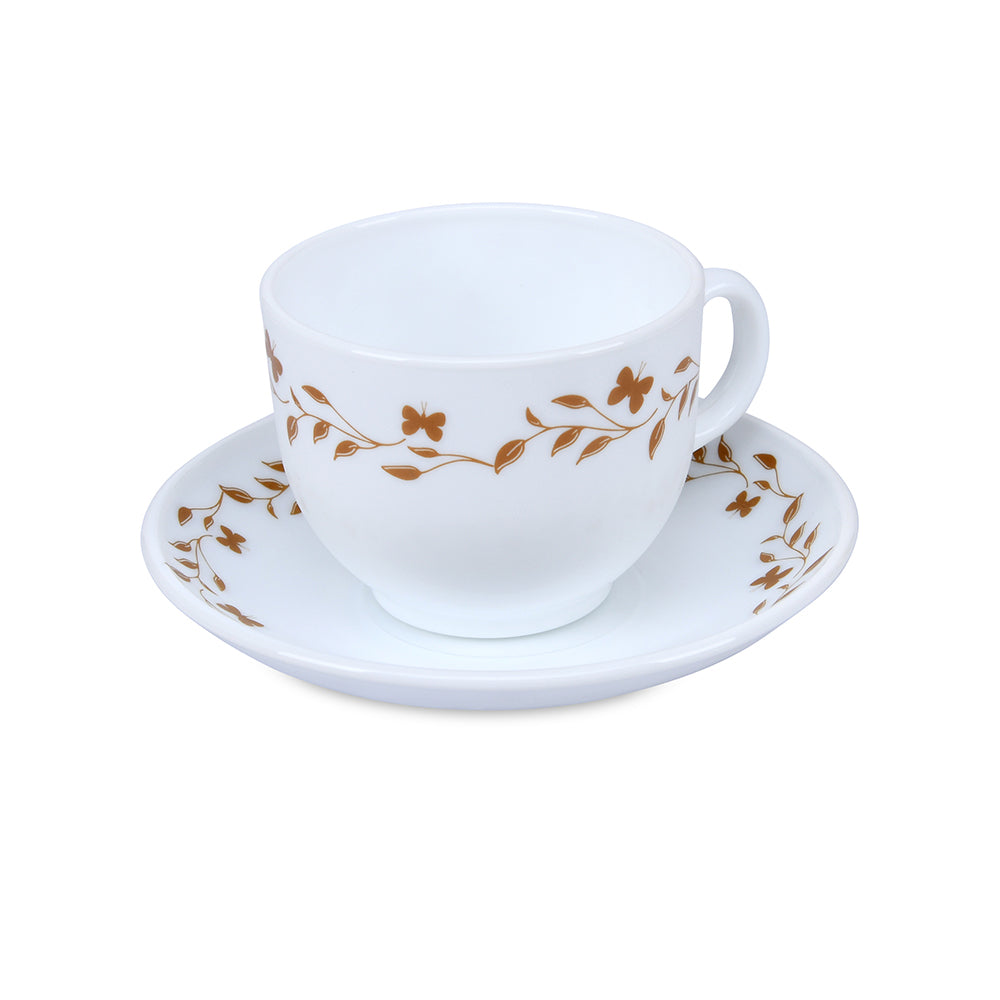 Arias Autumn Grace Cup & Saucer Set of 12 (220 ml, 6 Cups & 6 Saucers, White)