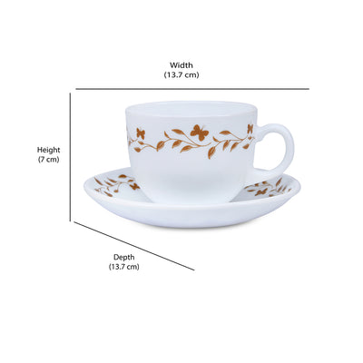 Arias Autumn Grace Cup & Saucer Set of 12 (220 ml, 6 Cups & 6 Saucers, White)