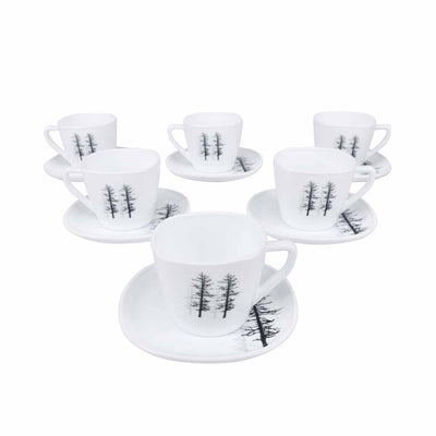Arias by Lara Dutta Winter Forest Cup & Saucer Set of 12 (220 ml, 6 Cups & 6 Saucers, White)