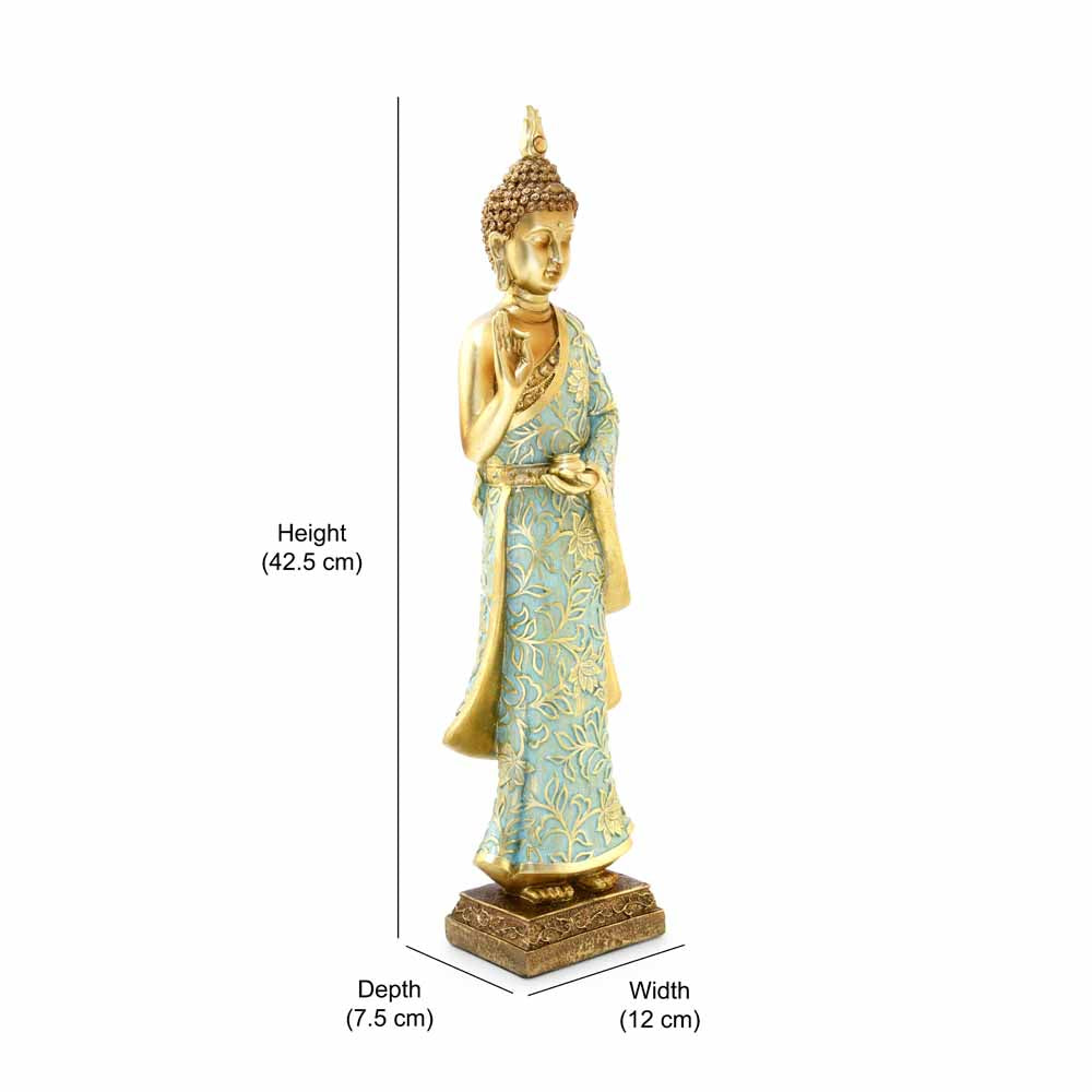 Buddha Standing Polyresin Showpiece (Mint & Gold)