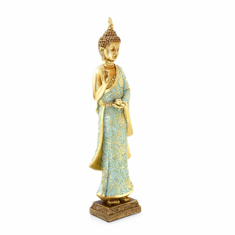 Buddha Standing Polyresin Showpiece (Mint & Gold)