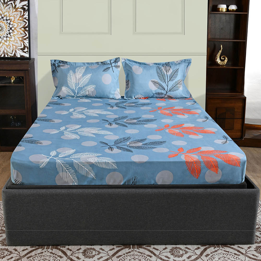 Ammara Leaf Design Polyester Double Bedsheet with 2 Pillow Covers (Blue & Grey)