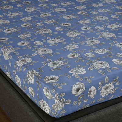 Aurora Floral Polyester Double Bedsheet with 2 Pillow Covers (Blue)