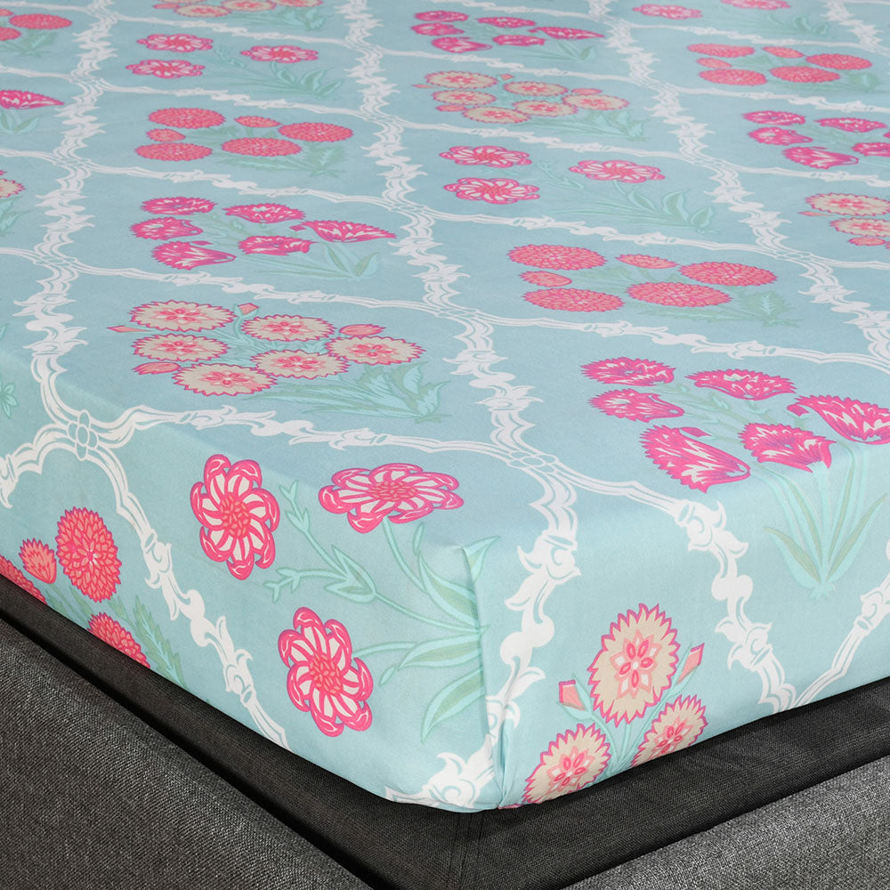 Aurora Floral Polyester Double Bedsheet with 2 Pillow Covers (Sea Blue)