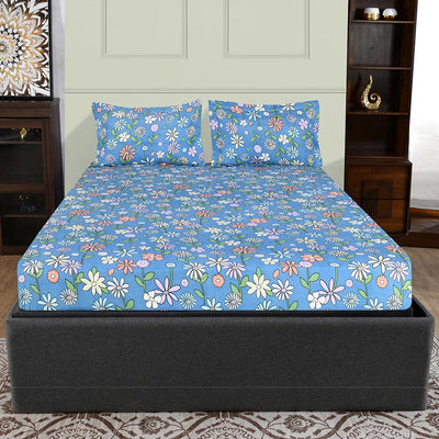 Aurora Floral Polyester Double Bedsheet with 2 Pillow Covers (Blue)