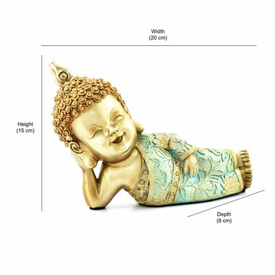 Baby Monk Lying Decorative Polyresin Showpiece (Mint & Gold)