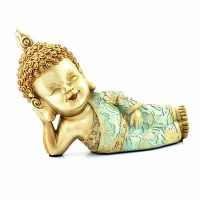 Baby Monk Lying Decorative Polyresin Showpiece (Mint & Gold)