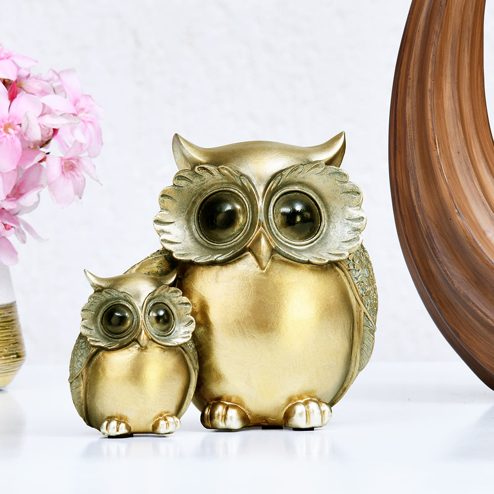 Mother & Son Owl Decorative Polyresin Showpiece (Grey & Gold)