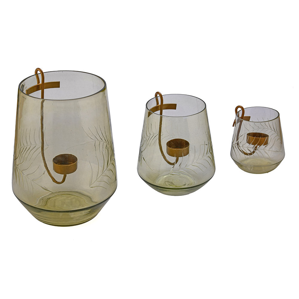 Decorative Leafy Glass Candle Holder Set of 3 (Yellow)