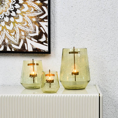 Decorative Leafy Glass Candle Holder Set of 3 (Yellow)