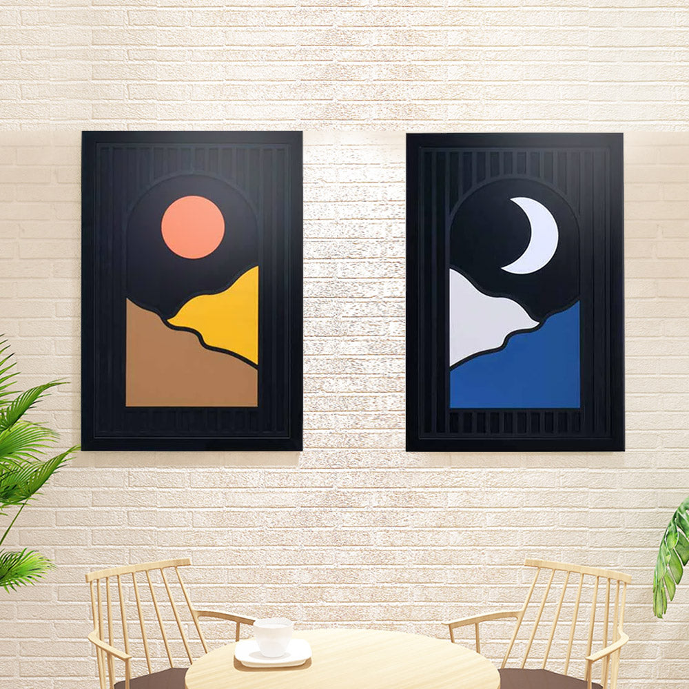Sun Moon MDF Base 3D Painting Set of 2 (Multicolor)