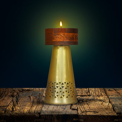 Metal & Wooden Tall Tower Votive (Brown & Gold)