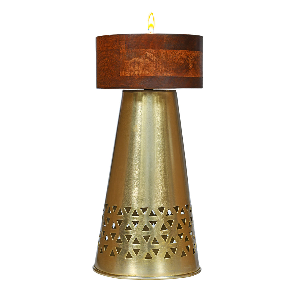 Metal & Wooden Tall Tower Votive (Brown & Gold)