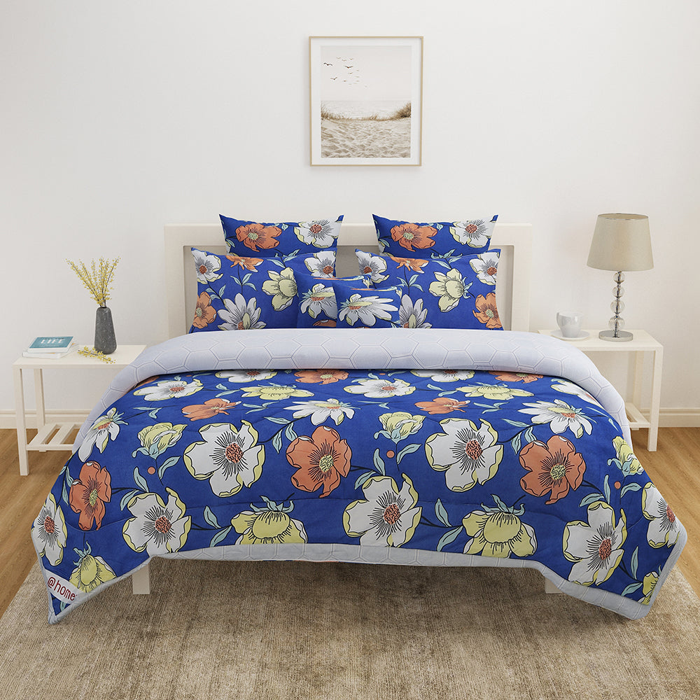Ammara Ditsy Floral Polycotton Double Bedsheet With 2 Pillow Covers (Navy Blue)