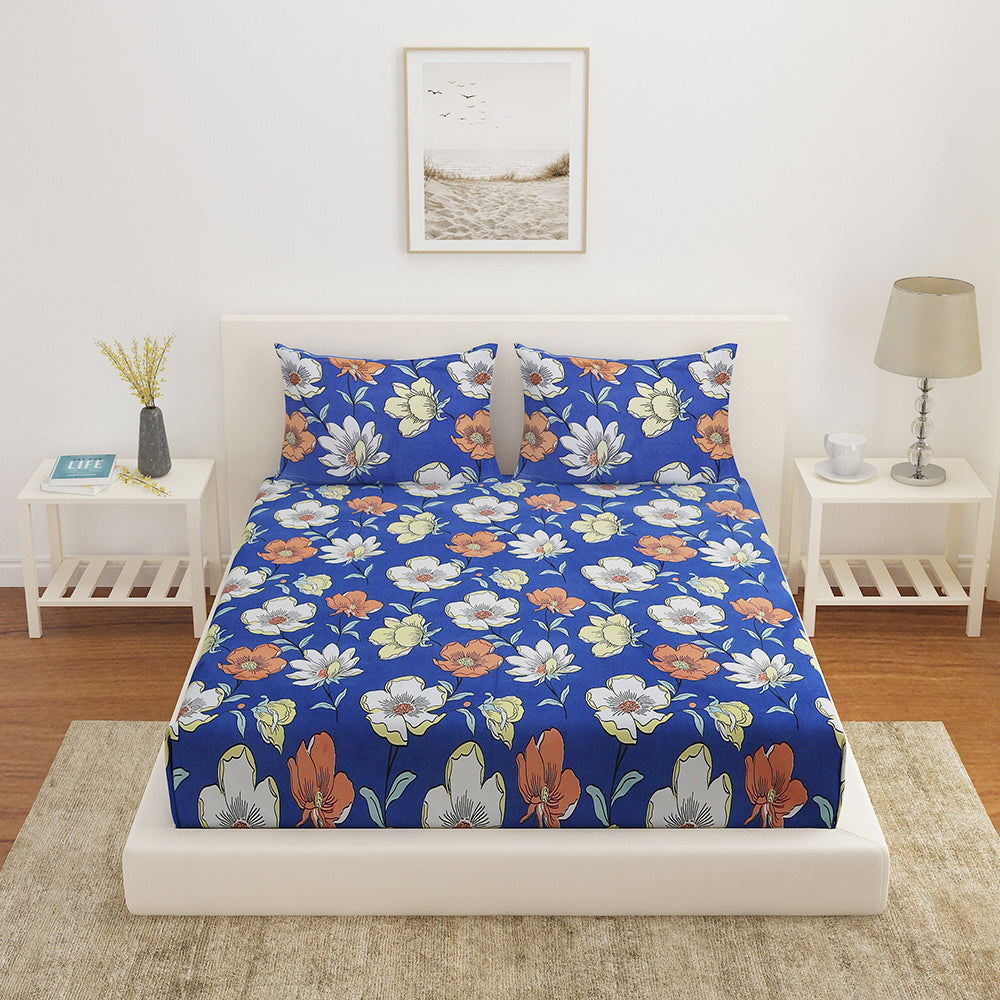 Ammara Ditsy Floral Polycotton Double Bedsheet With 2 Pillow Covers (Navy Blue)