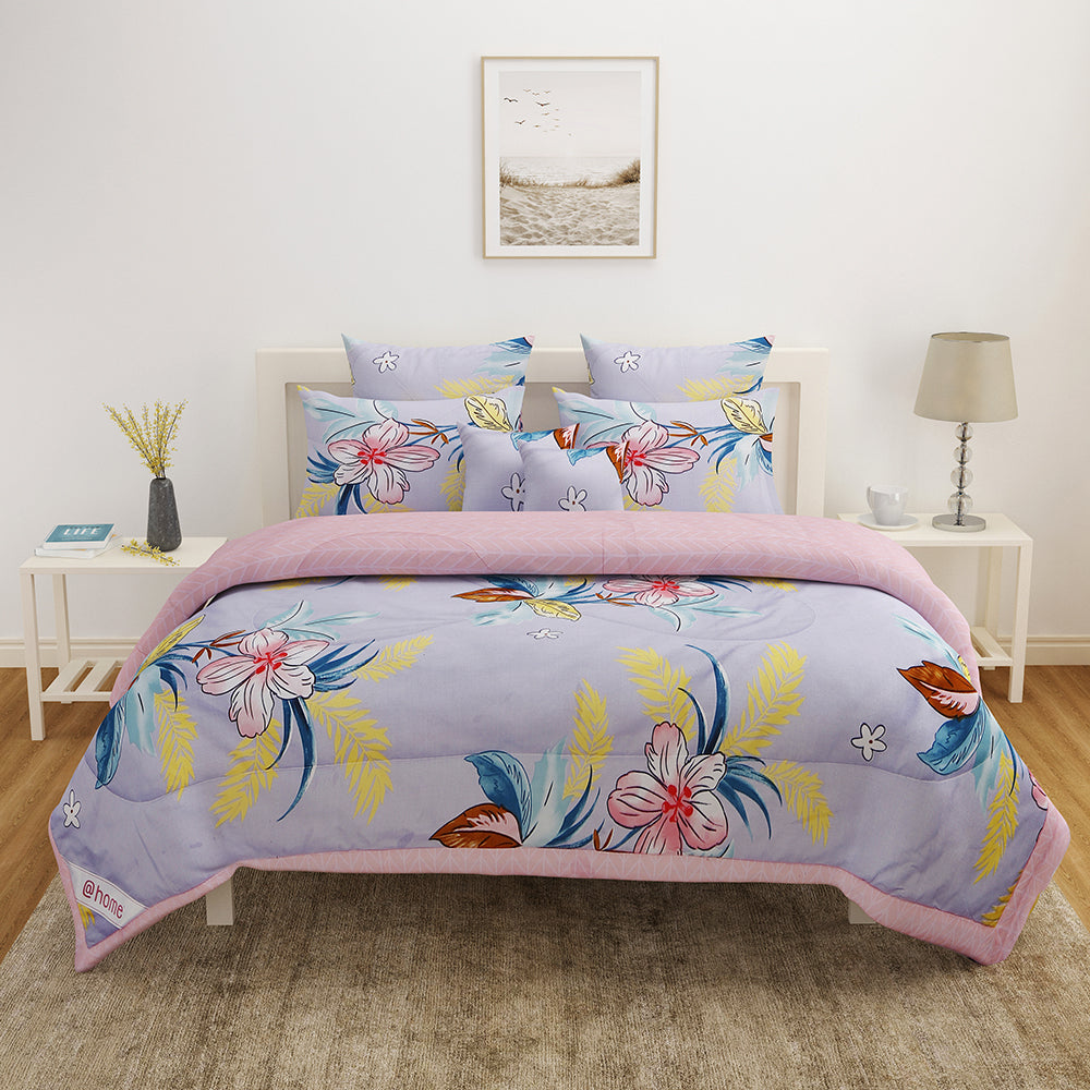 Ammara Hue Floral Polycotton Double Bedsheet With 2 Pillow Covers (Sky Blue)