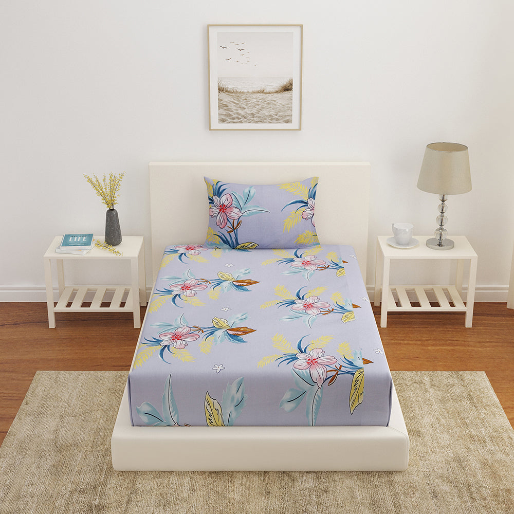 Ammara Hue Floral Polycotton Single Bedsheet With 1 Pillow Cover (Sky Blue)