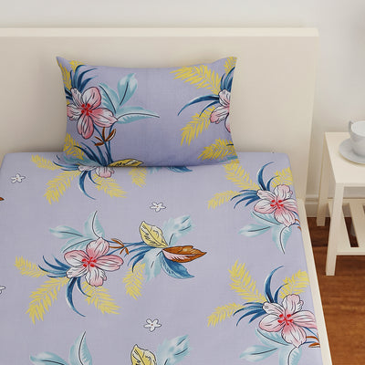 Ammara Hue Floral Polycotton Single Bedsheet With 1 Pillow Cover (Sky Blue)