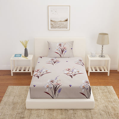 Ammara Grace Floral Polycotton Single Bedsheet With 1 Pillow Cover (Beige)