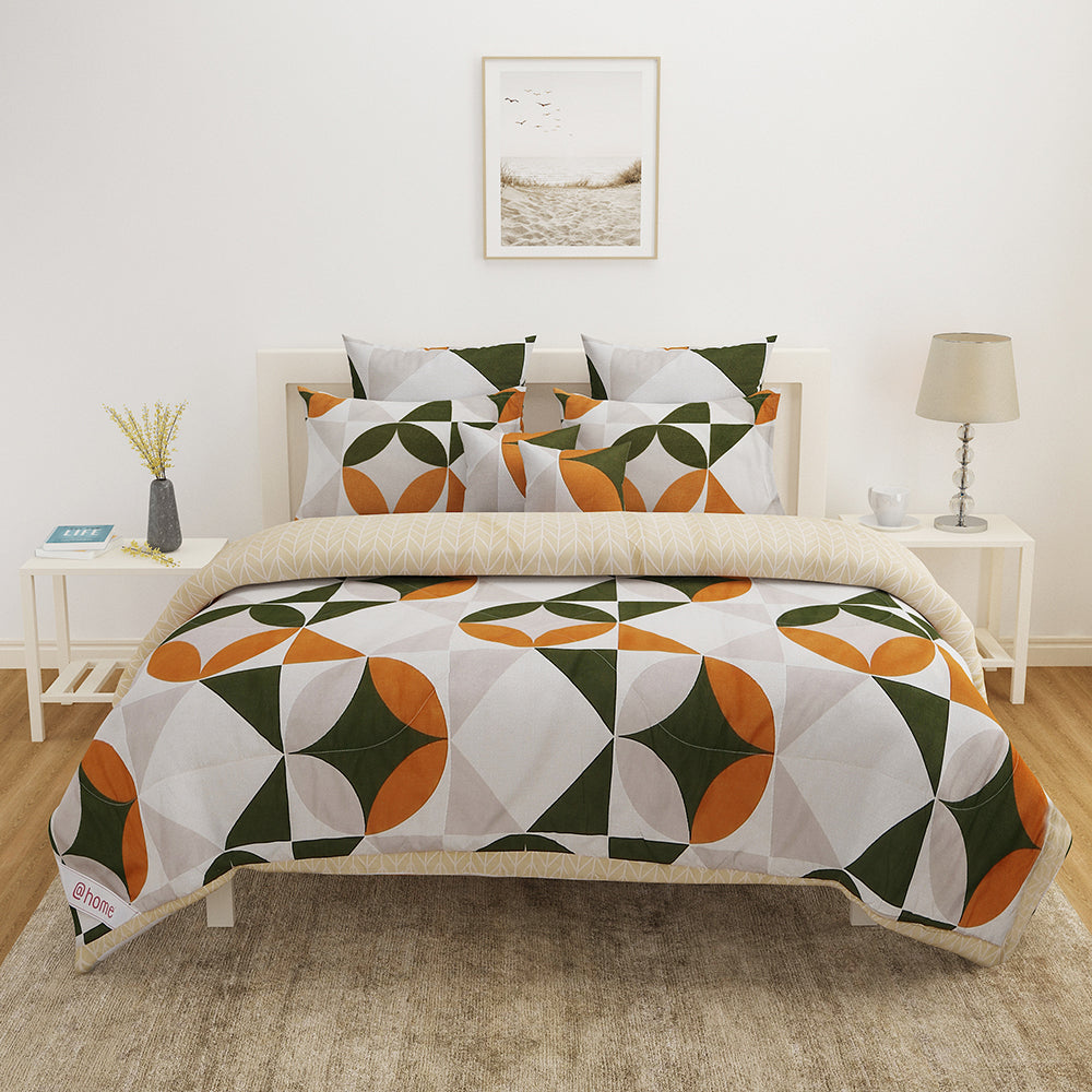 Ammara Geometric Polycotton Single Bedsheet With 1 Pillow Cover (Grey & Green)